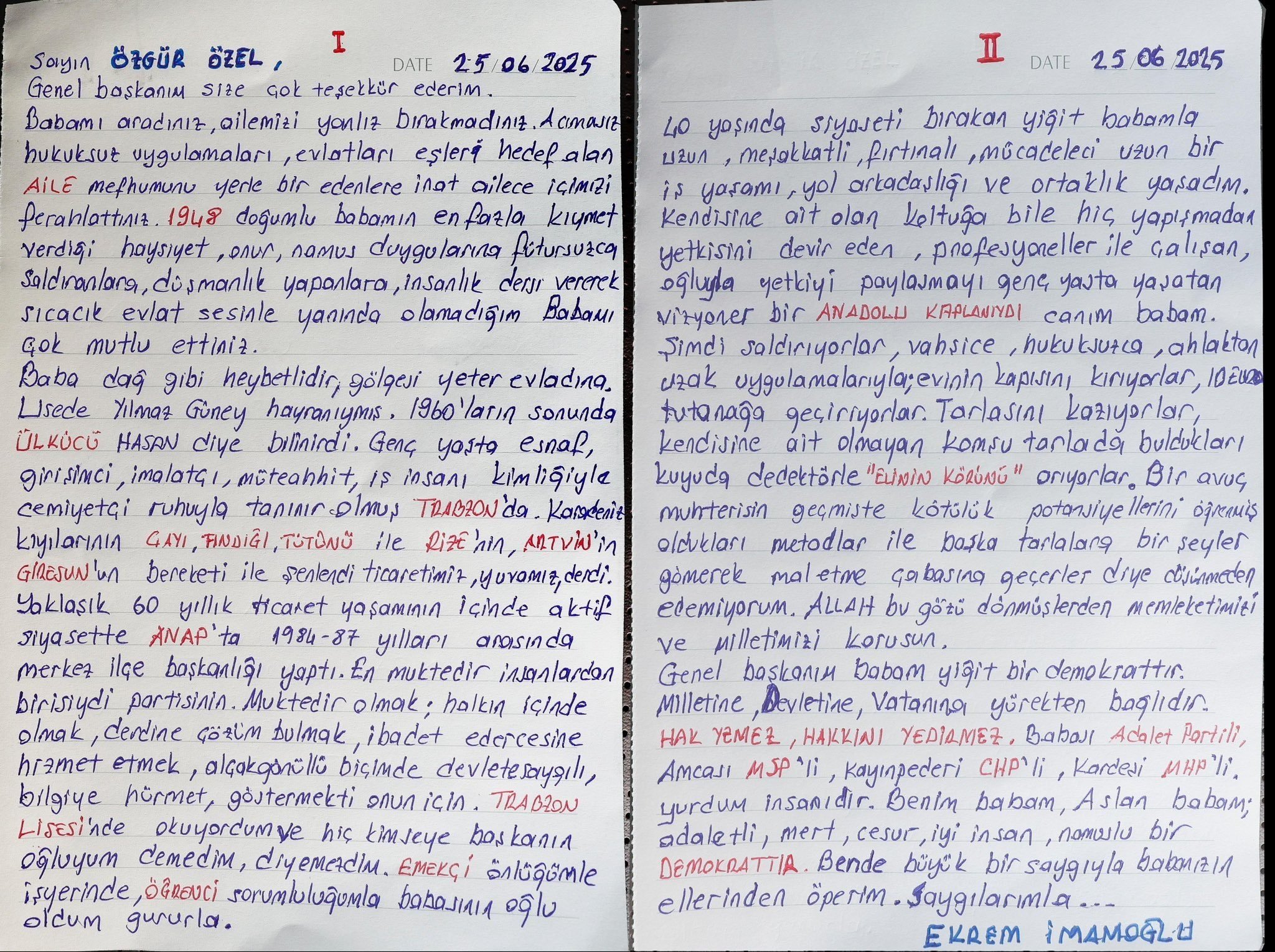 Özgür Özel, İmamoğlu'nun babasına mektubunu paylaştı