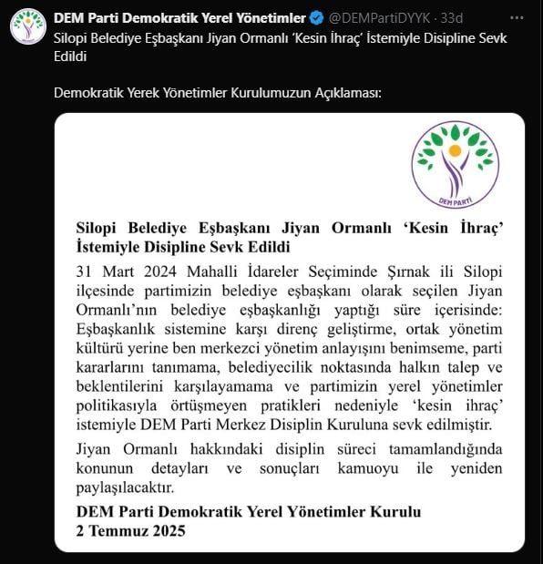DEM Parti'den dikkat çeken hamle: Belediye Başkanı Ormanlı ‘kesin ihraç’ istemiyle disipline sevk edildi
