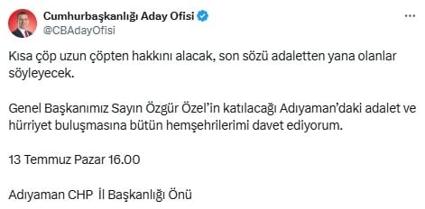 Ekrem İmamoğlu'ndan Adıyaman mitingine davet paylaşımı