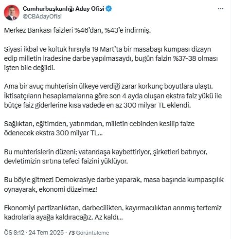 Ekrem İmamoğlu'ndan faiz indirimi yorumu! 'Demokrasiye darbe yaparak ekonomi düzelmez'