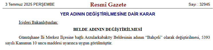Gümüşhane'de bir beldenin adı 'Bahçeli' olarak değiştirildi