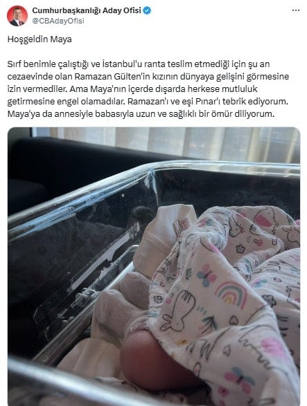 İmamoğlu'ndan Ramazan Gülten'in yenidoğan kızı Maya için mesaj