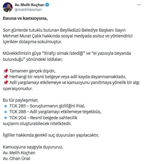 Mehmet Murat Çalık'ın avukatından kritik açıklama