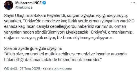 Muharrem İnce'den Ulaştırma Bakanı'na ayetli tepki