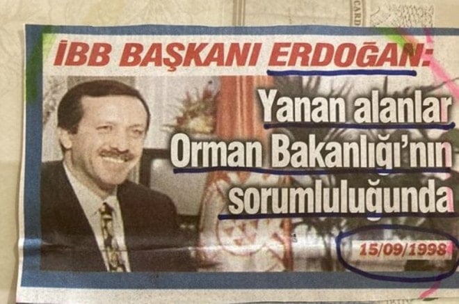 Orman yangınlarıyla ilgili sorumluluğu belediyelere atan Erdoğan'ın 1998'deki sözleri ortaya çıktı