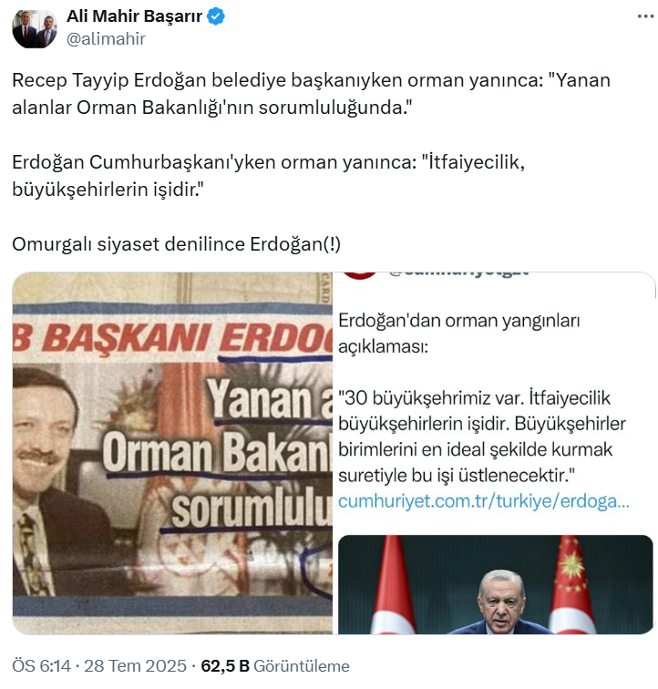 Orman yangınlarıyla ilgili sorumluluğu belediyelere atan Erdoğan'ın 1998'deki sözleri ortaya çıktı