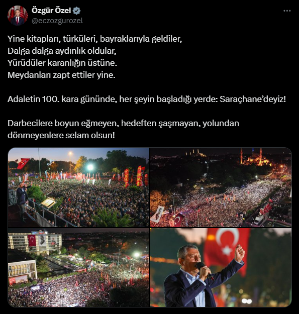 Özgür Özel'den Saraçhane mitinginin ardından dikkat çeken paylaşım