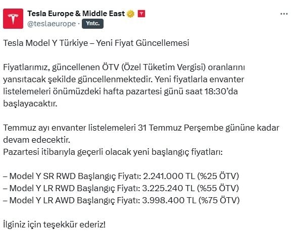 Tesla'dan zam kararı! Fiyatlar Türkiye'de fırladı