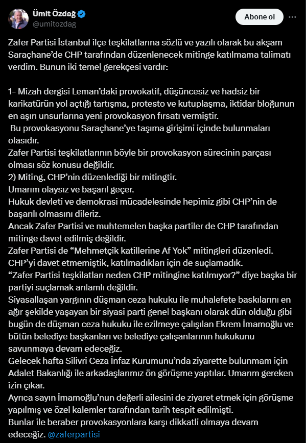 Ümit Özdağ'dan 'Saraçhane' mesajı: Nedenlerini tek tek açıkladı