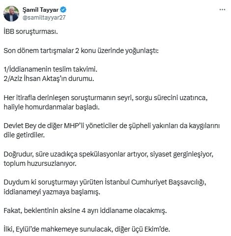 AKP'li Şamil Tayyar İBB iddianamesi için tarih verdi