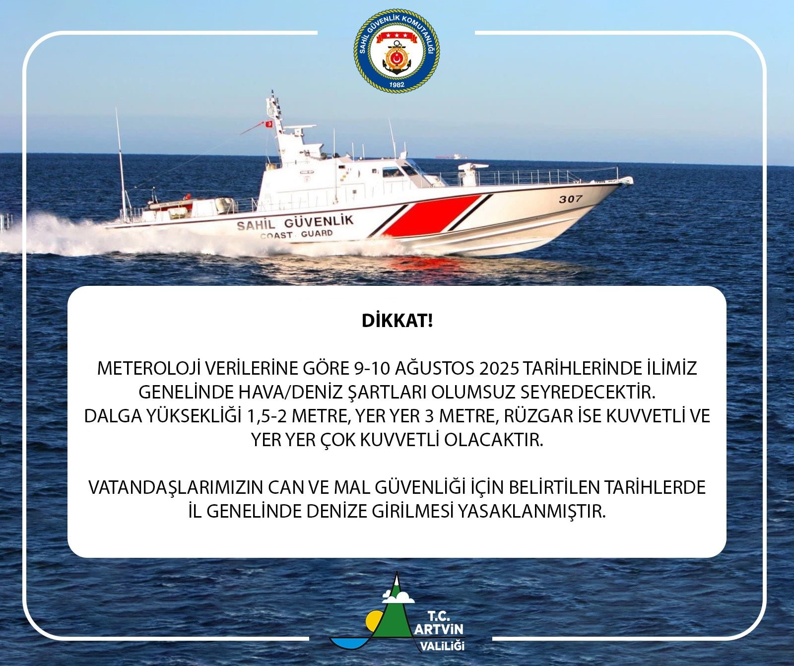 Artvin'de denize girişlere 2 gün izin verilmeyecek