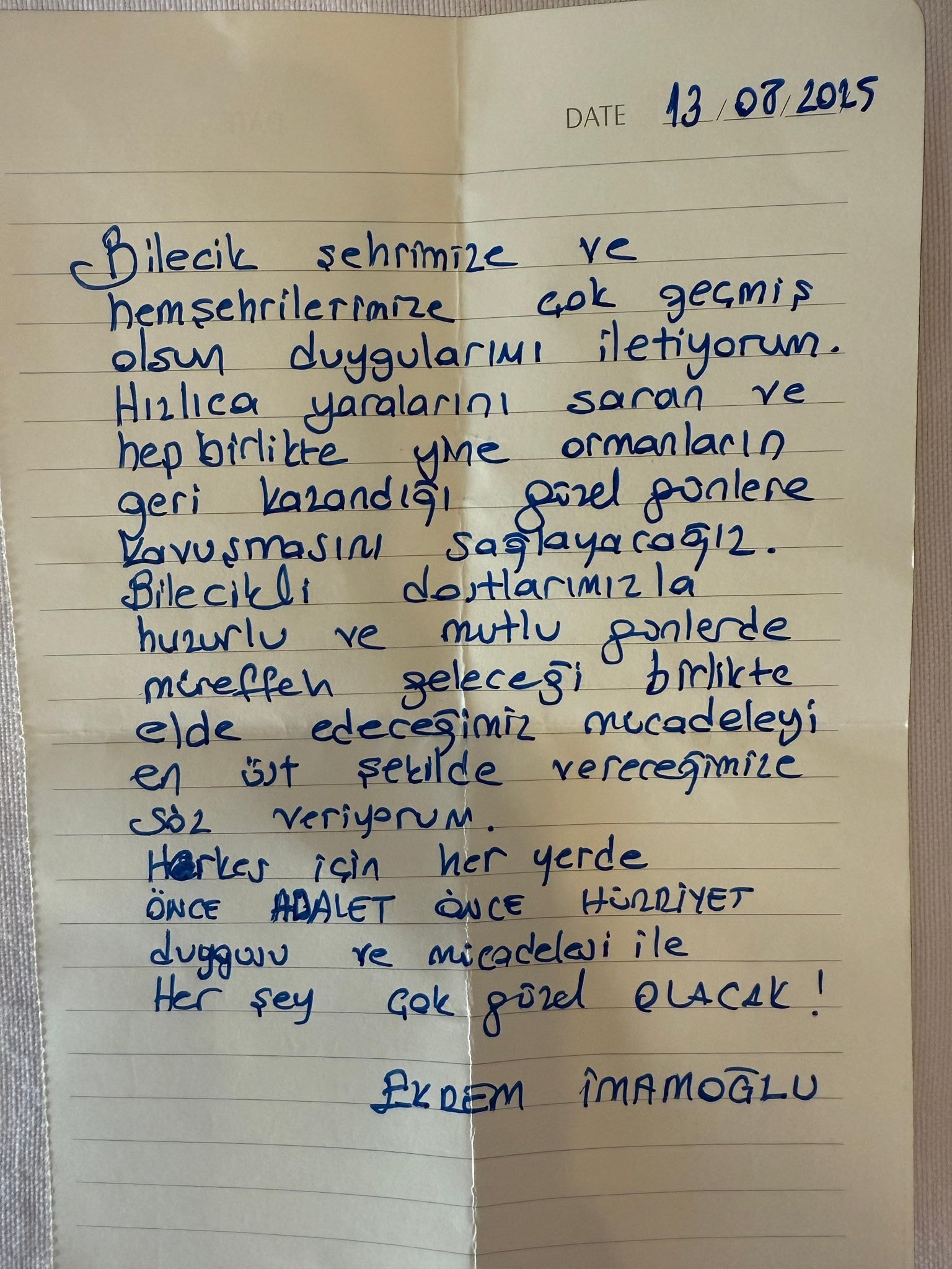 Bilecik Belediye Başkanı Subaşı İmamoğlu’nun mesajını paylaştı