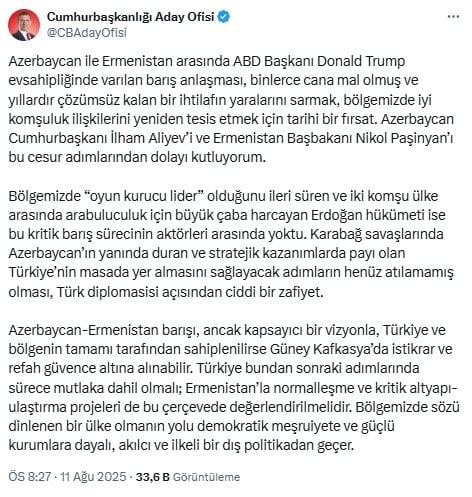 CHP'nin tutuklu Cumhurbaşkanı Adayı İmamoğlu’ndan 'tarihi fırsat' açıklaması