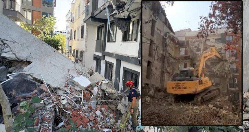 Devrilen binayı iş makinesiyle tutmaya çalıştılar