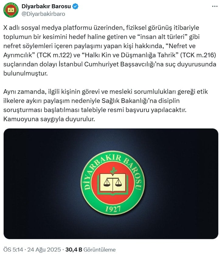 Diyarbakır Barosu, Prof. Dr. Bengi Başer'in paylaşımına ilişkin suç duyurusu