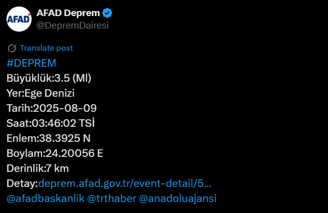 Ege Denizi'nde deprem! AFAD'dan açıklama