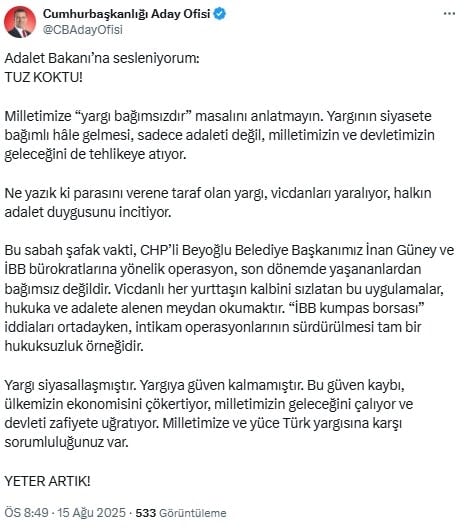 İmamoğlu'ndan Adalet Bakanına çağrı: 'Milletimize ve yüce Türk yargısına karşı sorumluluğunuz var'