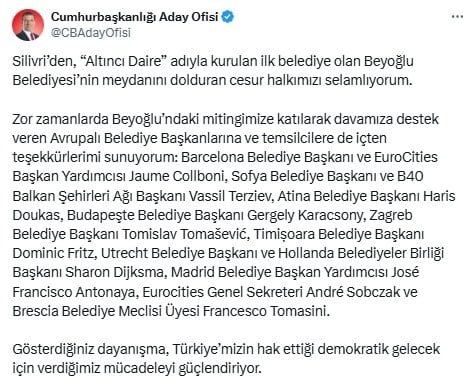 İmamoğlu'ndan Avrupalı Belediye Başkanlarına teşekkür