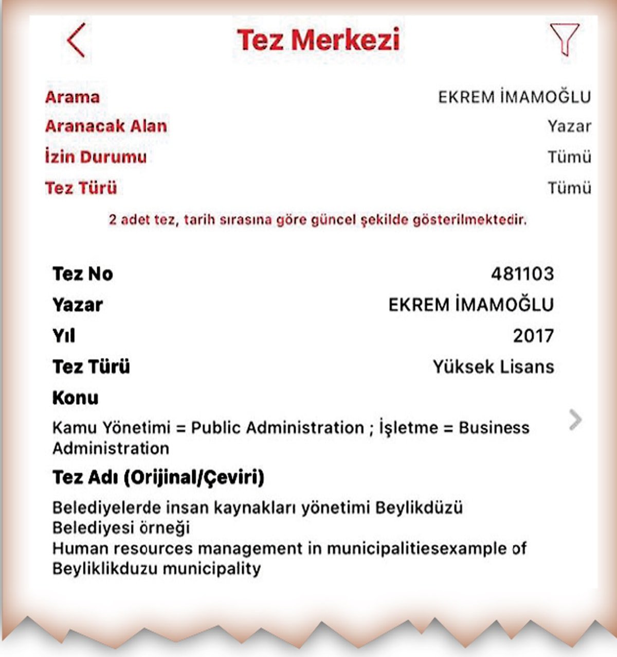 İmamoğlu’nun yüksek lisans tezi kaldırıldı