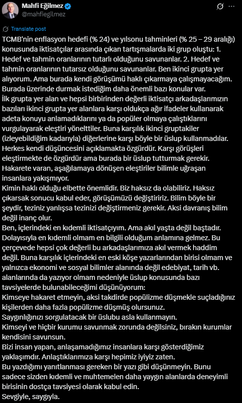 Mahfi Eğilmez'den ekonomistlerin 'Merkez Bankası' kavgasına açıklama