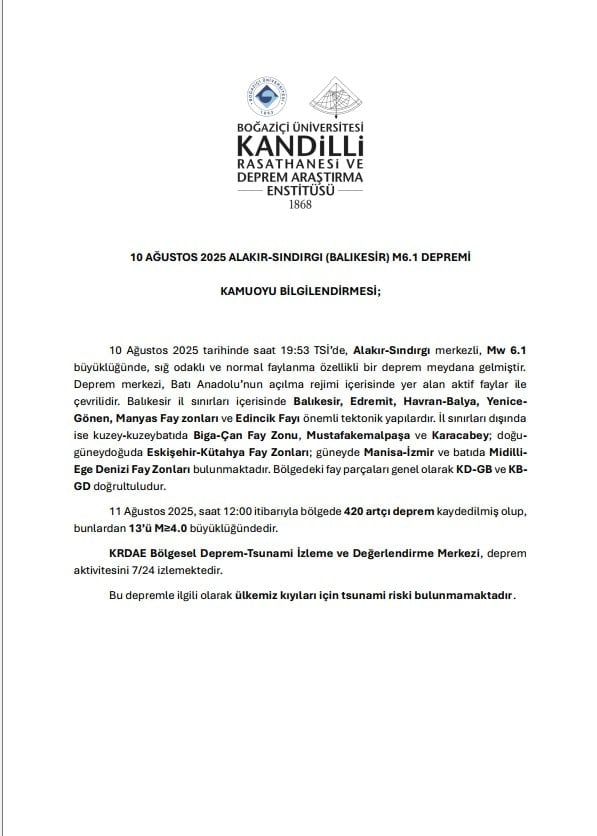 Son Dakika... Balıkesir depremi sonrası Kandilli'den tsunami açıklaması