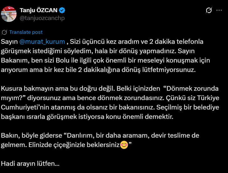 Tanju Özcan'dan telefonlarını açmayan Bakan Kurum'a: Hadi arayın lütfen…