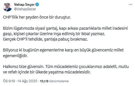 Vahap Seçer: “Gerçek CHP’li tehdide, şantaja pabuç bırakmaz”