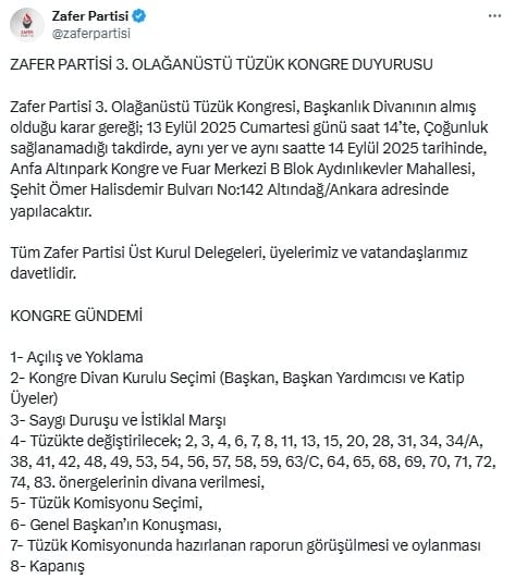 Zafer Partisi'nden Olağanüstü kongre kararı
