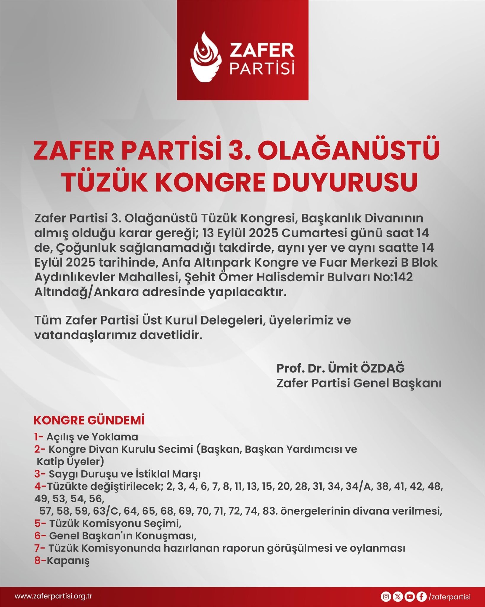 Zafer Partisi'nden Olağanüstü kongre kararı