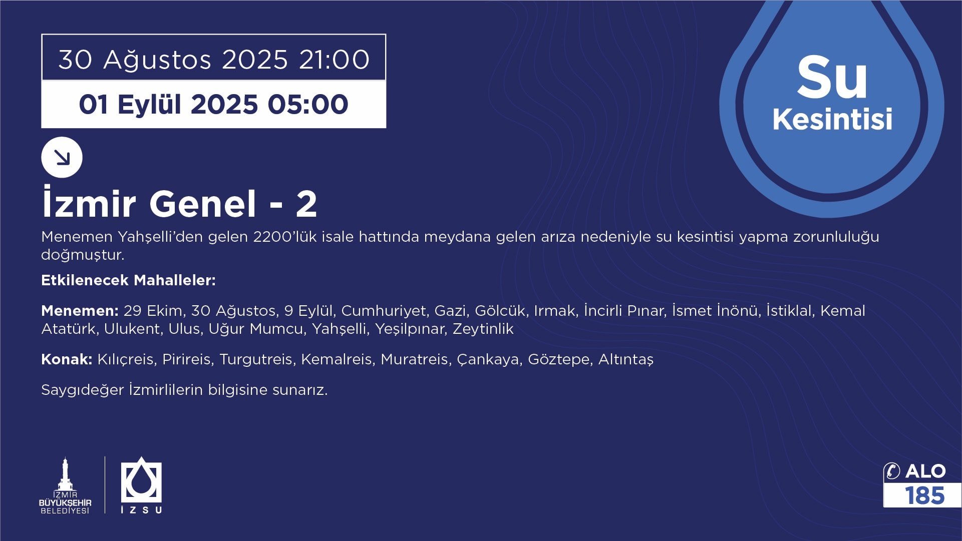 Büyükşehirde büyük arıza! 8 ilçeye 32 saat su verilmeyecek