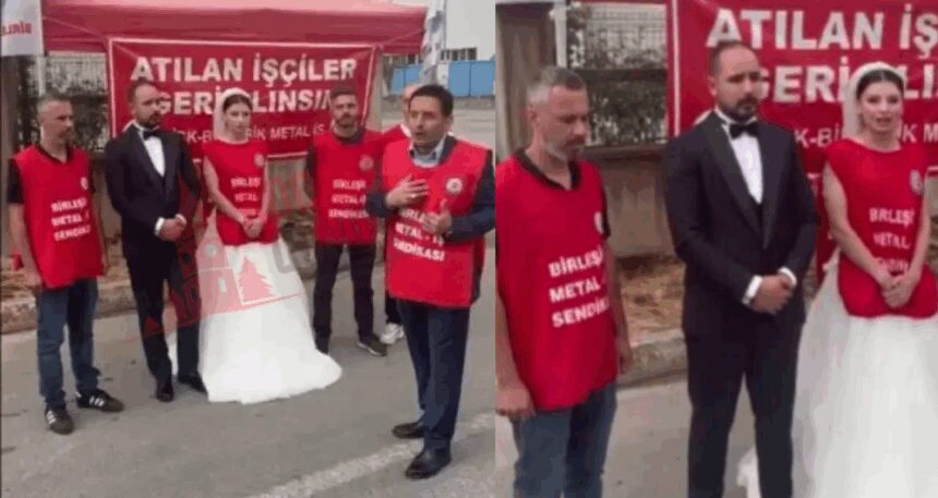 Düğün izninde işten çıkardılar: Eyleme gelinlikle gitti