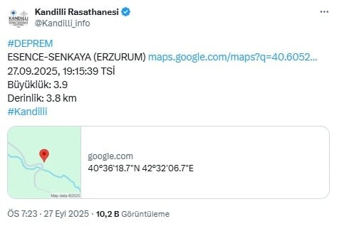 Erzurum'da deprem oldu