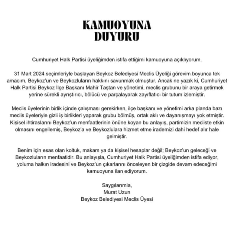 Son Dakika... Beykoz Belediyesi'nde 2 CHP'li daha istifa etti