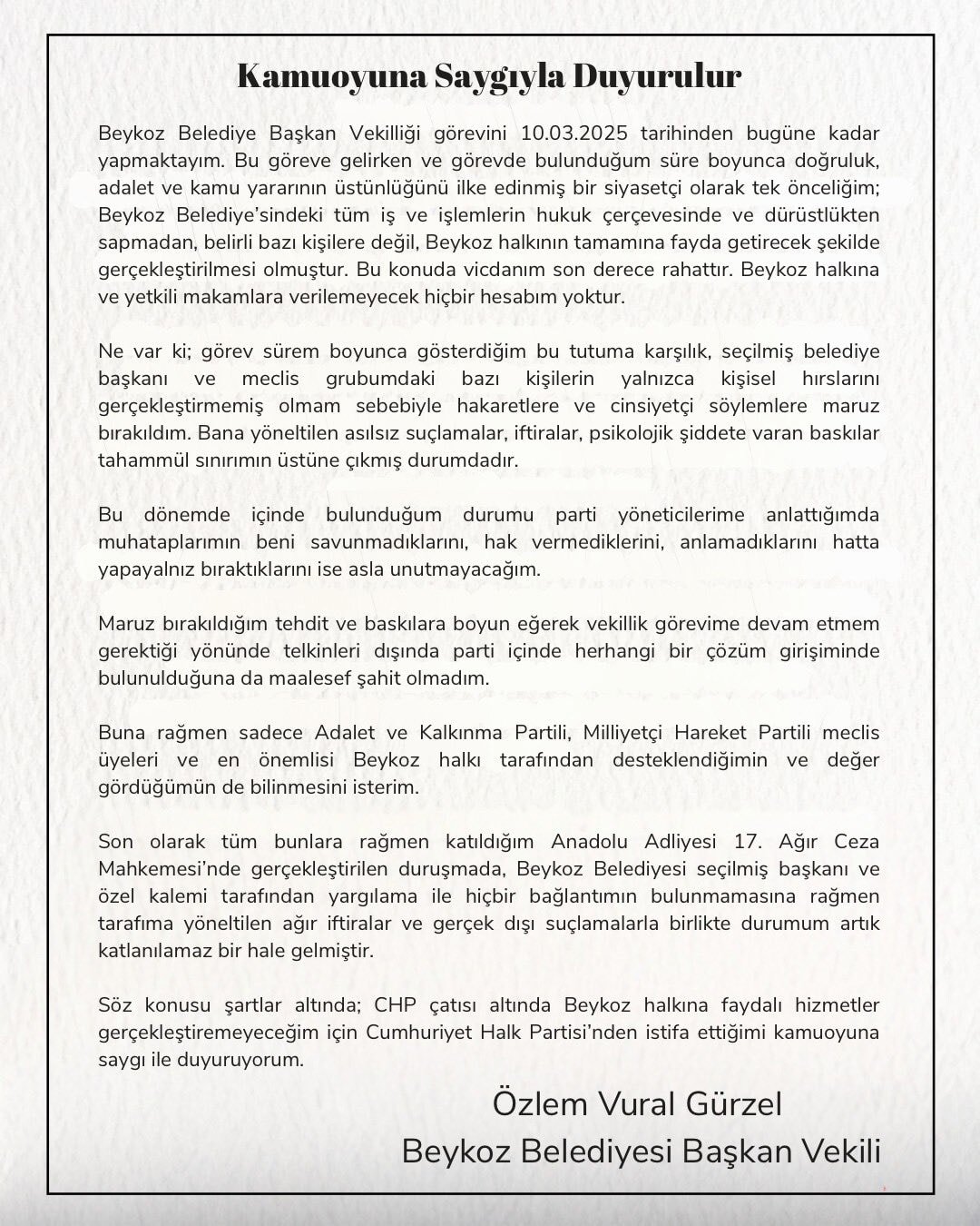 SON DAKİKA! CHP'li Beykoz Belediye Başkan vekili Özlem Vural Gürzel istifa etti