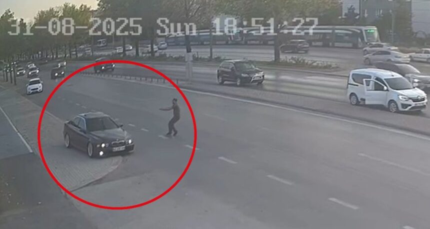 Trafiği tehlikeye atan maganda lastiğine ateş edilerek durduruldu