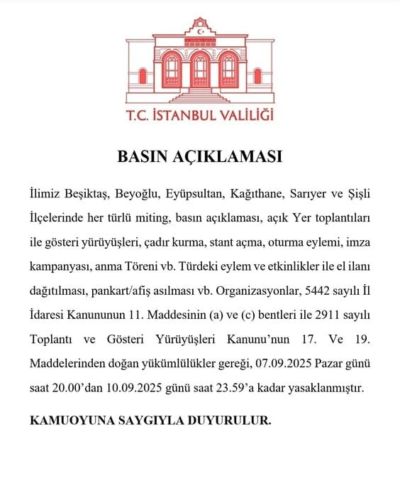 Valilik duyurdu: İstanbul'da üç günlük miting yasağı