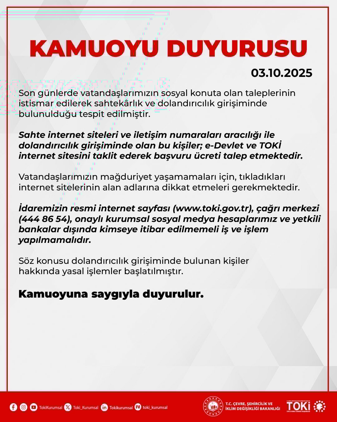 Aman dikkat! TOKİ'den dolandırıcılara karşı uyarı