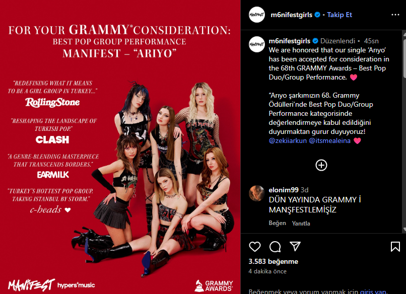 Yurtdışı yasağı getirilmişti: Manifest Grammy yolunda