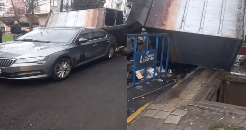 Sancaktepe’de çöp konteyneri otomobilin üzerine düştü